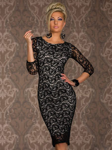 Robe à demi-manches en polyester avec dentelle