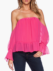 Blouse en polyester bustier unicolore à volants dos décolleté