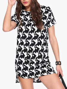 Robe courte asymétrique en polyester imprimé dents de chien