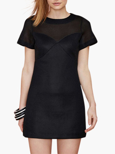 Robe courte en polyester noir unicolore col ras du cou