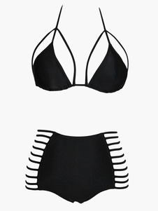 Bikini ensemble en lycra spandex noir creusé à licou