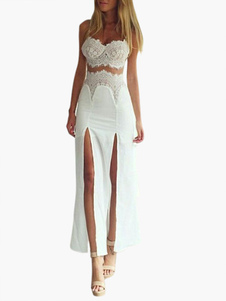 Robe longue fendue en dentelle creusée à bretelles