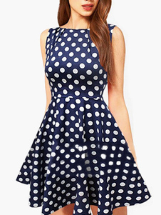 Robe vintage slim bleue foncée à pois