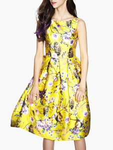 Robe vintage jaune imprimée fleurie col ras du cou