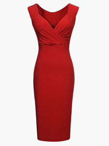 Robe moulante en coton mélangé col V unicolore plissé