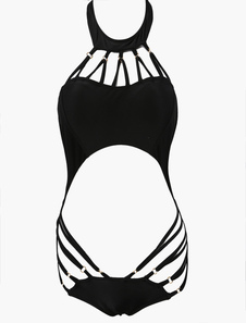 Bikini 1 pièce en polyester unicolore creusé à licou