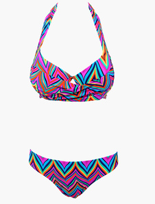 Bikini en polyester plissé à licou imprimé géométrique coloré