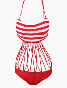 Bikini 1 pièce en polyester rouge avec rayure et perles à licou