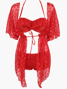 Maillot de bain 3 pièces en polyester jacquard à volants et licou