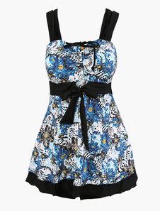 Maillot de bain 2 pièces en polyester noir imprimé avec cordon