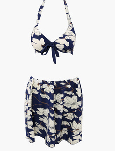 Maillot de bain 2 pièces en polyester bleu marine foncé imprimé fleuri