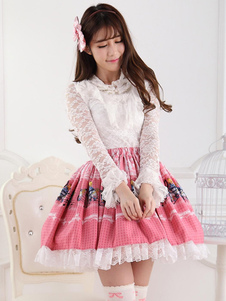 Jupe lolita rose en polyester avec dentelle