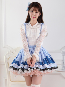 Jupe lolita bleue en polyester iimprimé avec dentelle