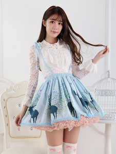 Jupe lolita bleue en polyester imprimé cerfs avec dentelle