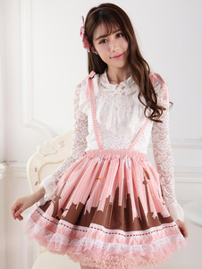 Jupe lolita rose en polyester imprimé avec dentelle