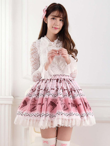 Jupe lolita rose en polyester imprimé avec dentelle