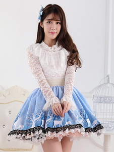 Jupe Lolita bleue douse séduisante en polyester impression avec dentelle