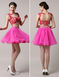 Robe fête de la rentrée en tulle fuchsia à cou translucide