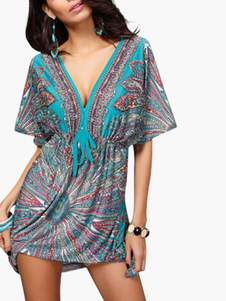 Robe courte en spandex bleu imprimé à col V