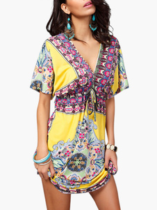 Robe d'été bohémienne en spandex imprimé à col V