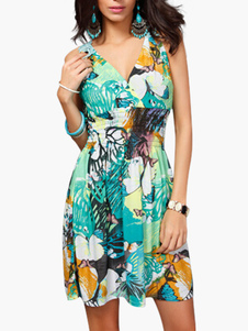 Robe skater en spandex vert imprimé papillon avec dentelle