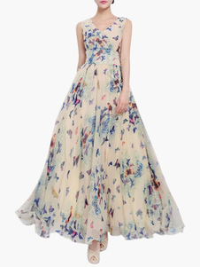 Robe longue en chiffon blanc imprimé papillons col V