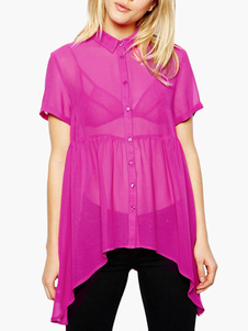 Blouse en chiffon unicolore plissé à demi-transparence