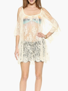 Blouse de plage unicolore brodée à demi-transparence