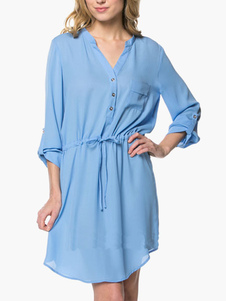 Robe droite en chiffon unicolore avec cordon décolleté cranté