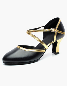 Chaussures de latine en cuir noir à talon évasé avec passepoil