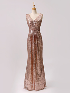 Robe de soirée fourreau plissée avec paillettes or à col V