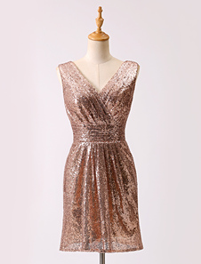 Robe de cocktail plissée avec paillettes or à col V
