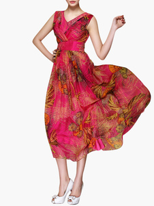 Robe longue en rayonne imprimée avec zip à col V