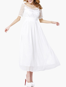 Robe longue en chiffon blanc unicolore avec strass col bateau