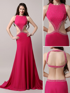 Robe de soirée A-ligne en chiffon fuchsia creusé avec perles