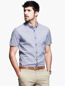 Chemise en coton bleu ciel clair col montant manches courtes