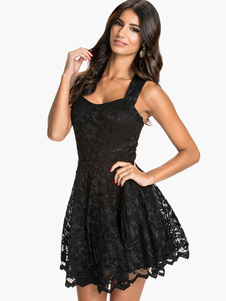 Robe skater en polyester noir unicolore plissé à col U