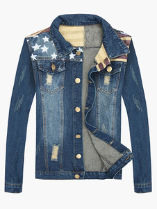 Blouson de jean en denim bleu foncé imprimé drapeau