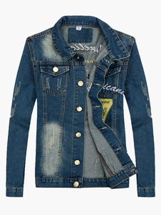 Blouson en denim bleu foncé imprimé lettres