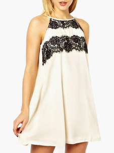 Robe droite en chiffon blanc bicolore avec dentelle