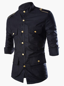 Chemise slim en coton noir avec manches 3/4