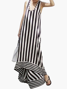 Robe longue asymétrique en chiffon bicolore avec rayure