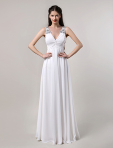 Chic robe mariage A-ligne chiffon ivoire à tordu col V longueur plancher