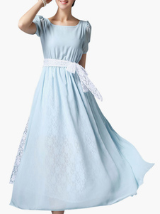 Robe longue en chiffon bleu clair fendu avec dentelle