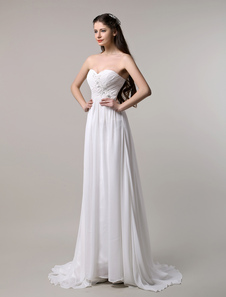 Chic robe mariage A-ligne chiffon ivoire bustier Avec traîne