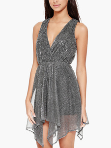 Robe skater en chiffon gris unicolore asymétrique creusé