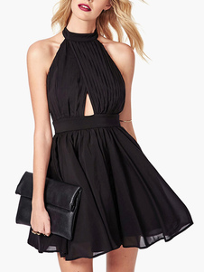 Robe skater en chiffon noir plissé à dos décolleté creusé