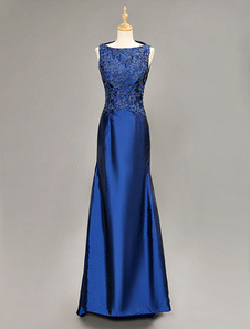 Robe de mariée bleue royale sirène à col bateau avec applique