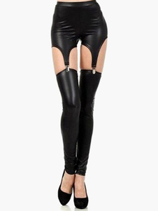Leggins femme en PU noir unicolore creusé