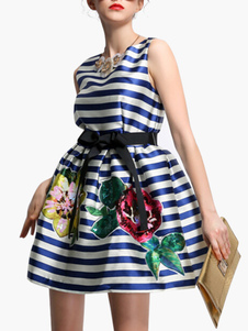 Robe skater en fibre de coton imprimé bleu avec rayure